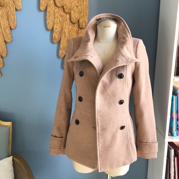 H&M tan button up peacoat size 0 neutral trendy closet staple office career - Picture 1 of 13